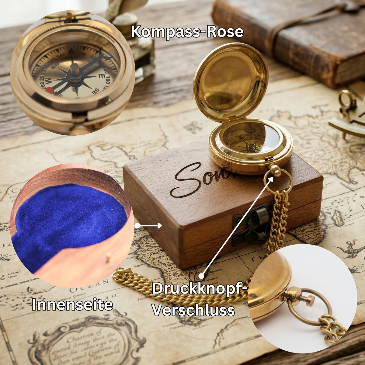 SonKo® Druckknopf Kompass mit Holzkiste und Wunsch Gravur