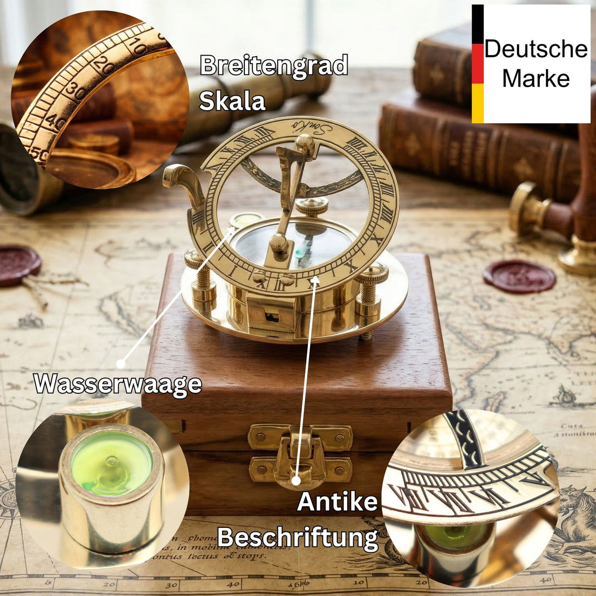 SonKo® Sonnenuhr Kompass mit Holzkiste und Wunsch Gravur