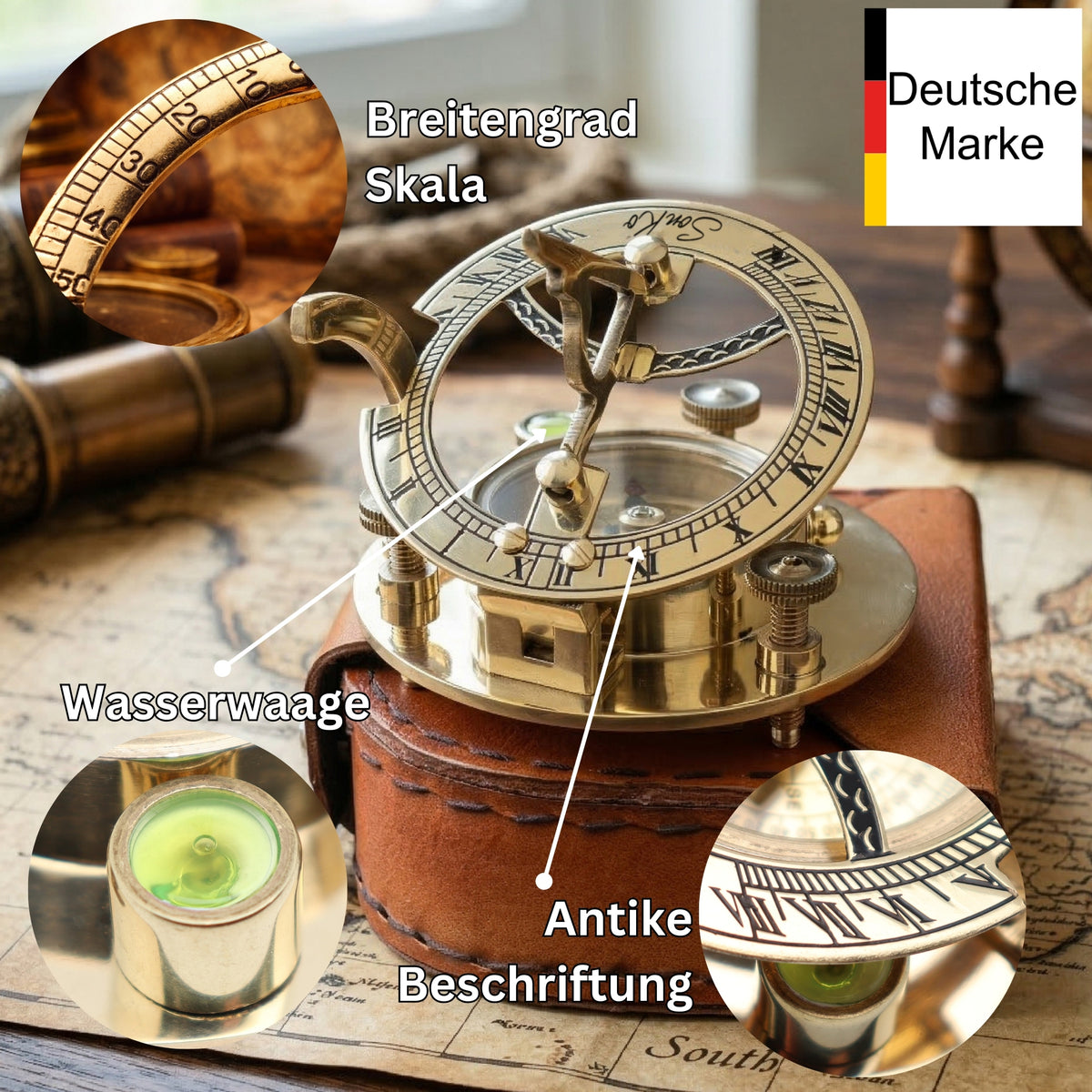 SonKo® Sonnenuhr Kompass mit Etui und Wunsch Gravur