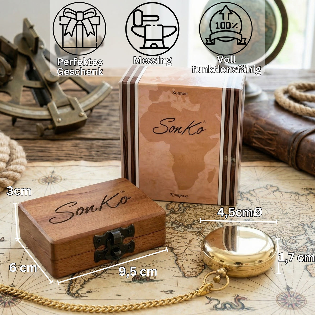 SonKo® Druckknopf Kompass mit Holzkiste und Wunsch Gravur