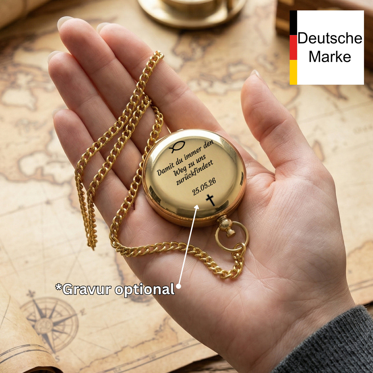 SonKo® Druckknopf Kompass mit Holzkiste und Wunsch Gravur