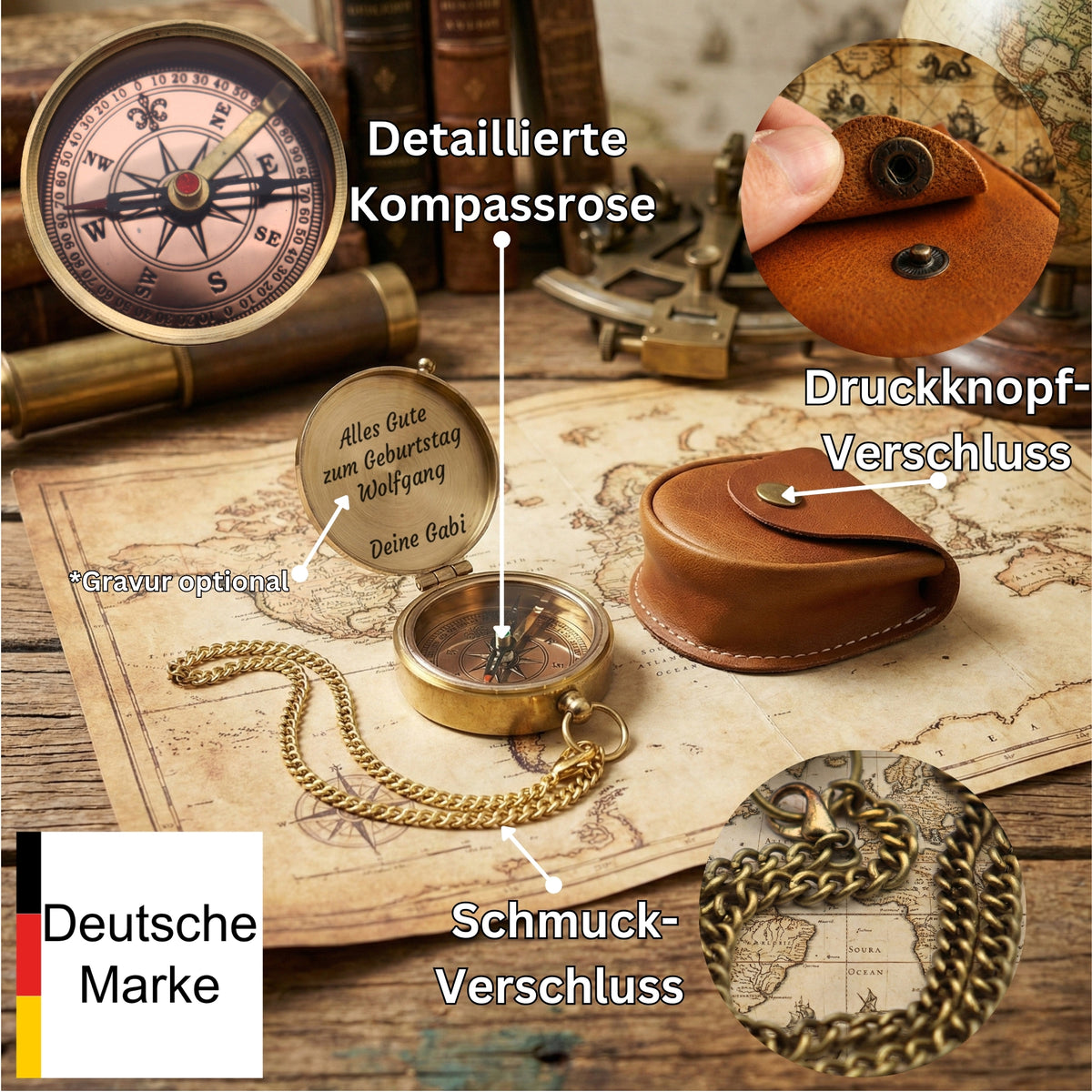 SonKo® Faltkompass mit Etui und Wunsch Gravur
